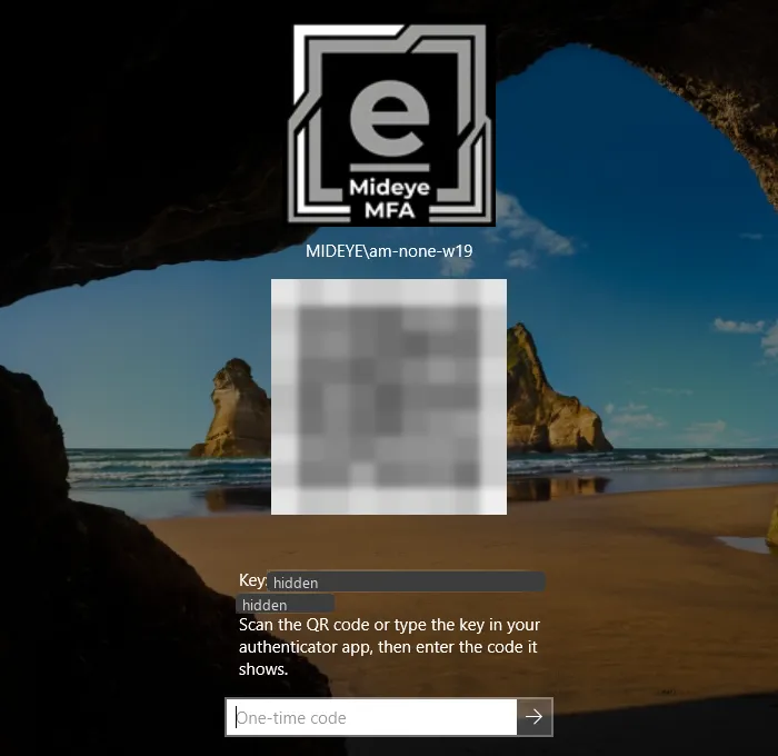 The Mideye tile enrolment page with the QR code (blurred), straight after the password.