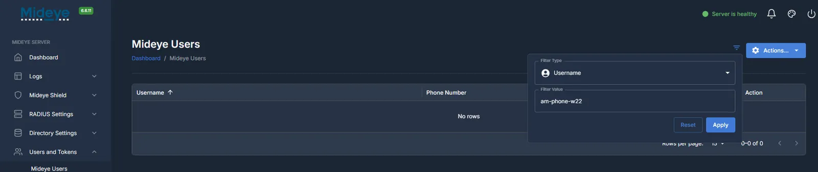 Mideye Server, the user list without the user.