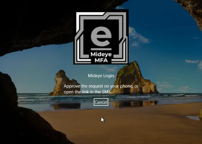 The Mideye tile saying to approve the request on your phone, or open the link in the SMS, with a Cancel link.