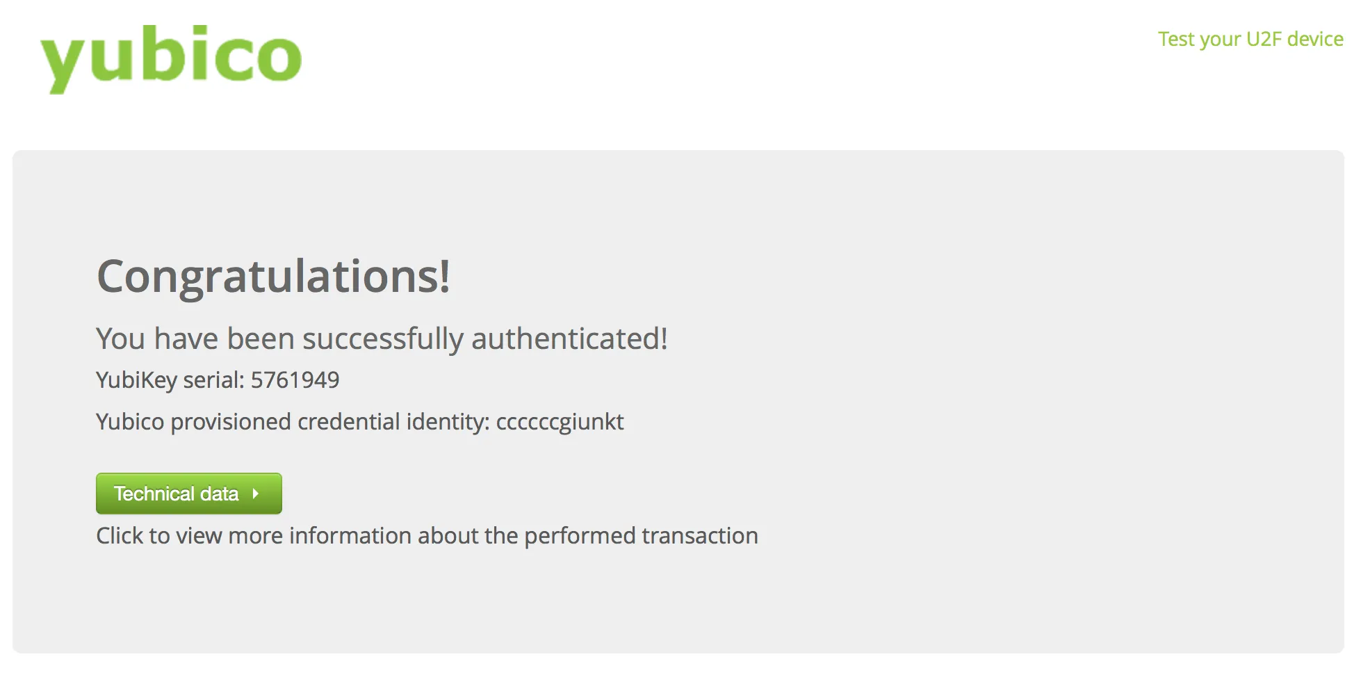 Yubico demo.yubico.com authentication test page for verifying YubiKey functionality