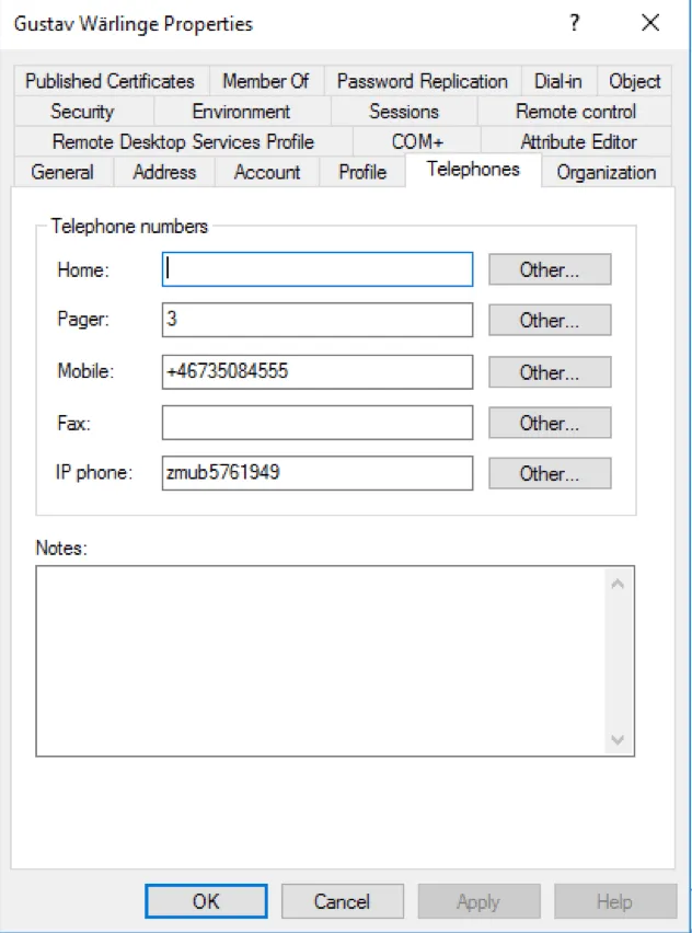 Active Directory user Telephones tab showing third-party YubiKey serial number with zmub prefix