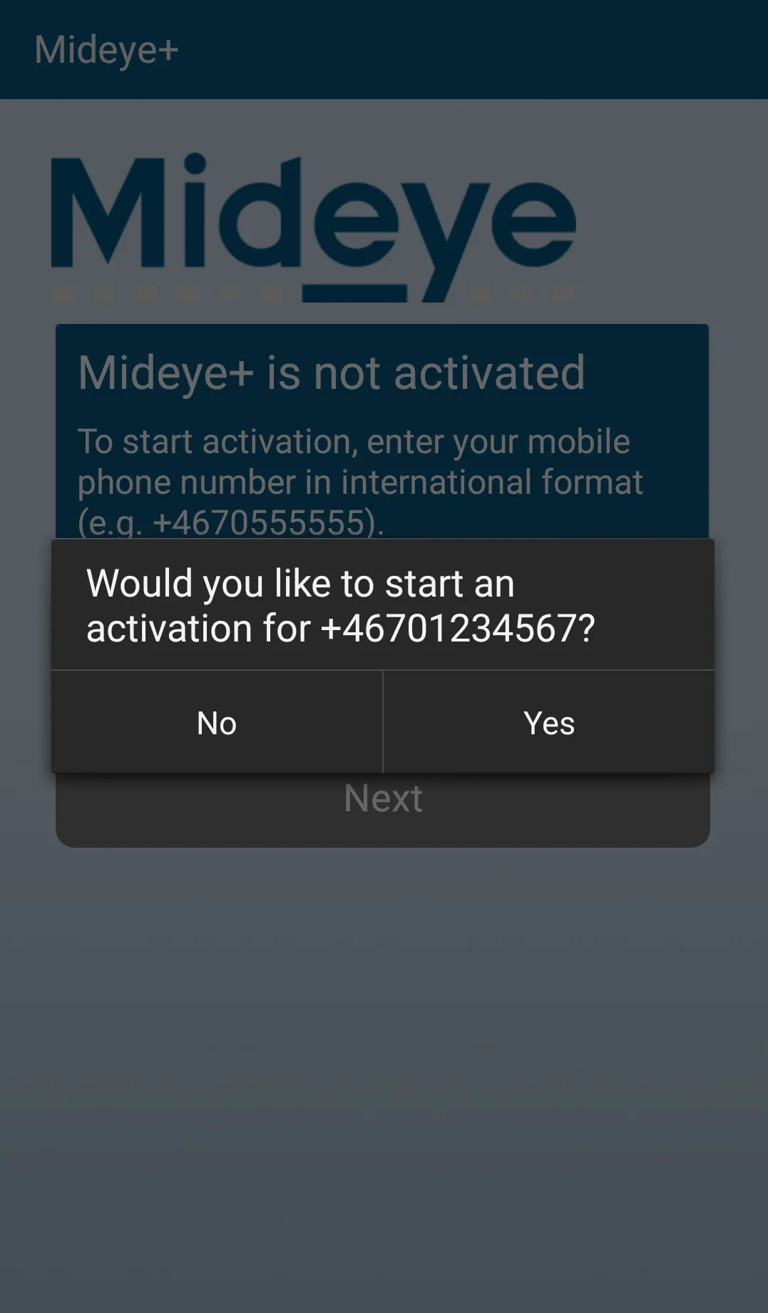 Mideye+ app Android activation screen with Next button to begin setup