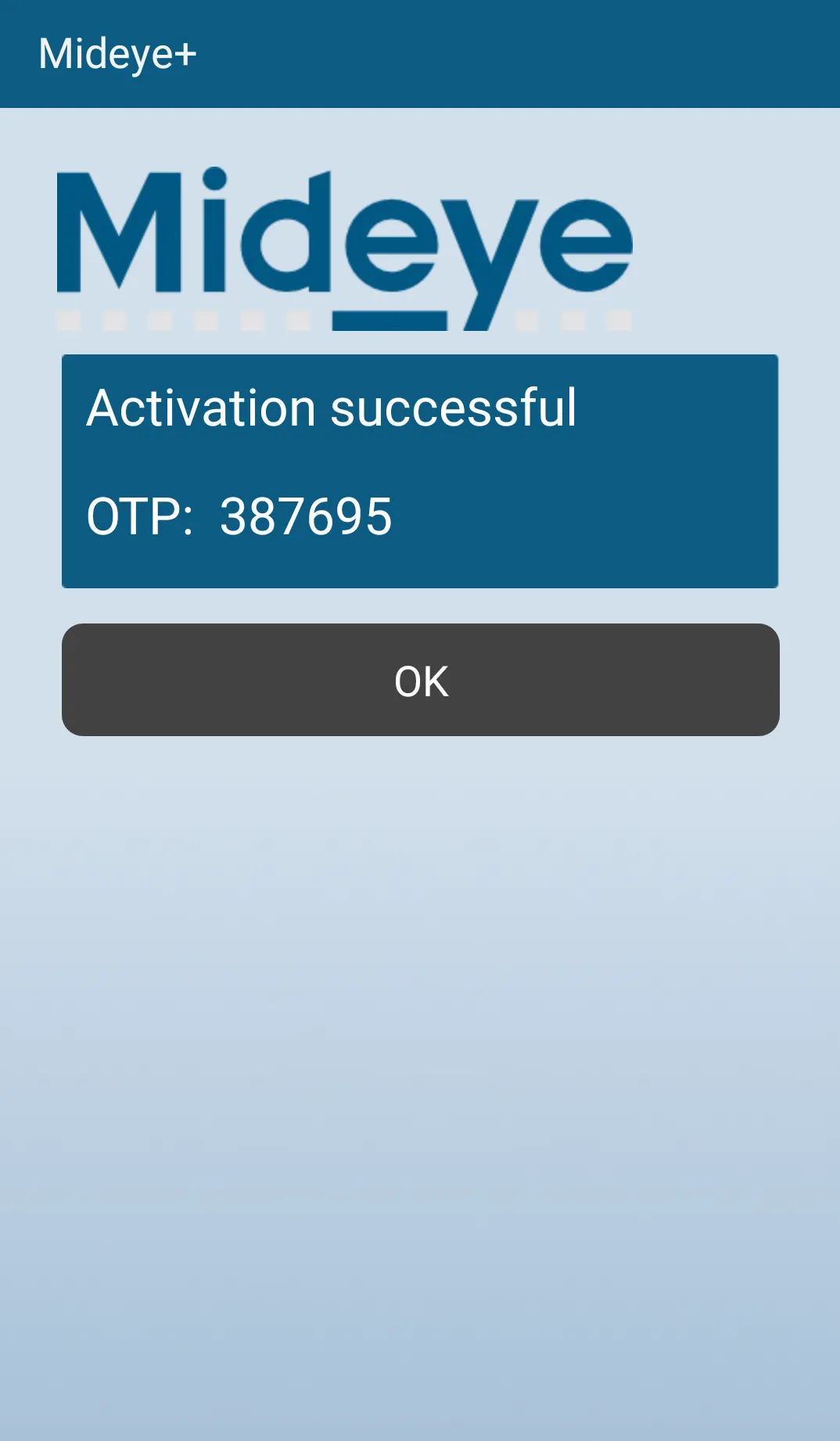 Mideye+ app showing successful activation message on Android device