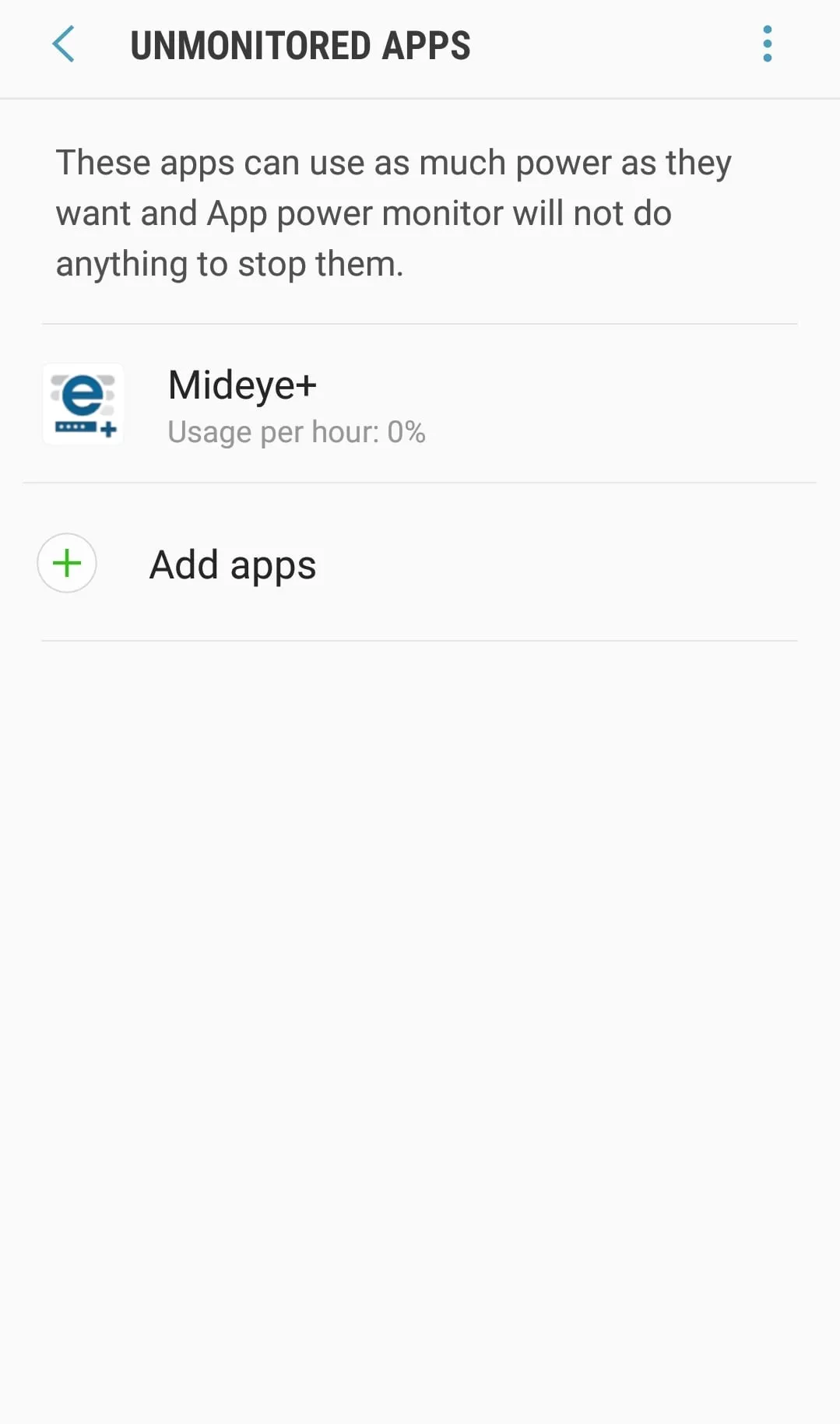 Samsung Android battery settings showing Mideye+ added to unmonitored apps list