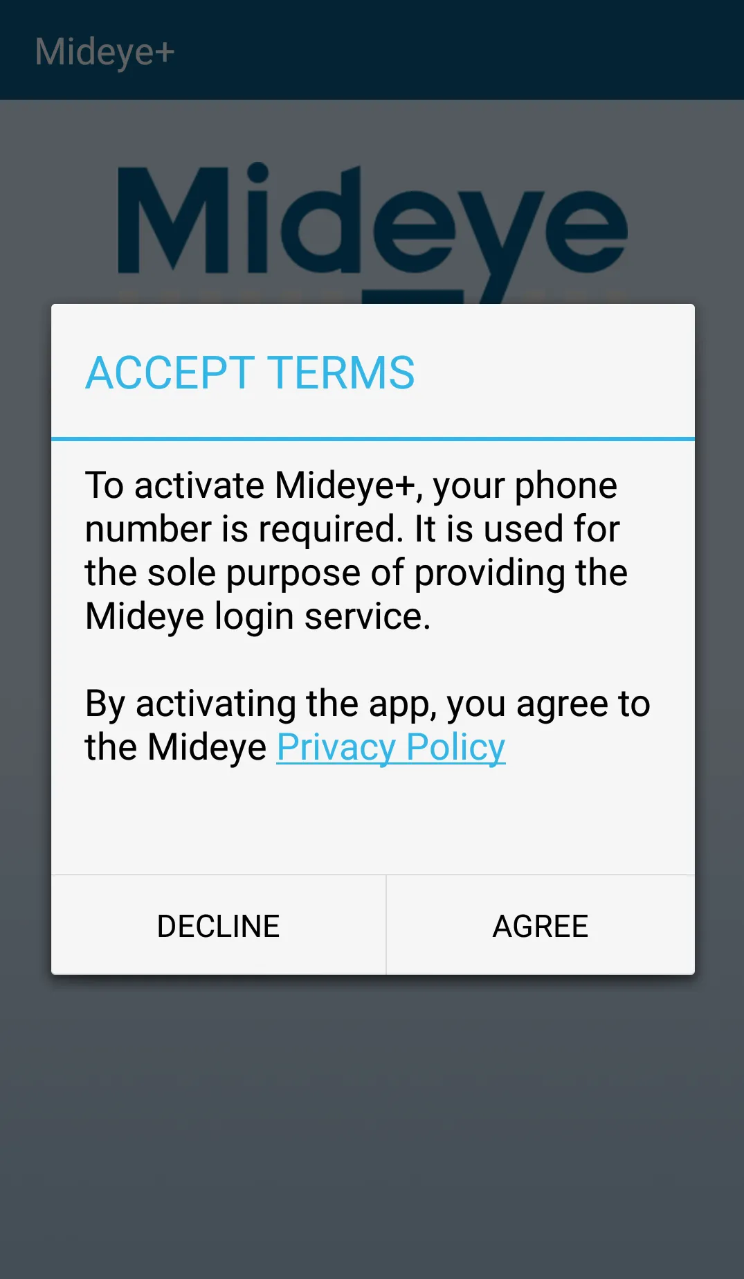Mideye+ app terms and conditions acceptance screen on Android
