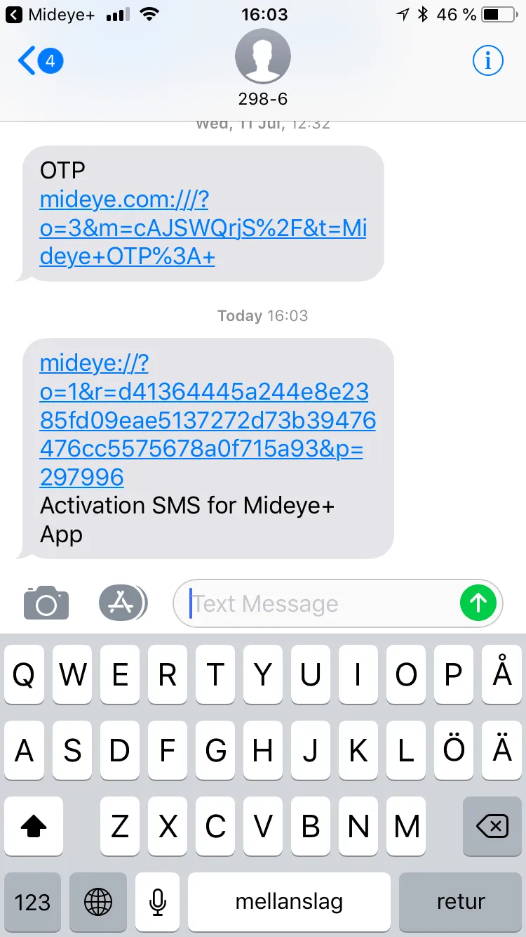 iPhone SMS message containing Mideye activation link for the Mideye+ app