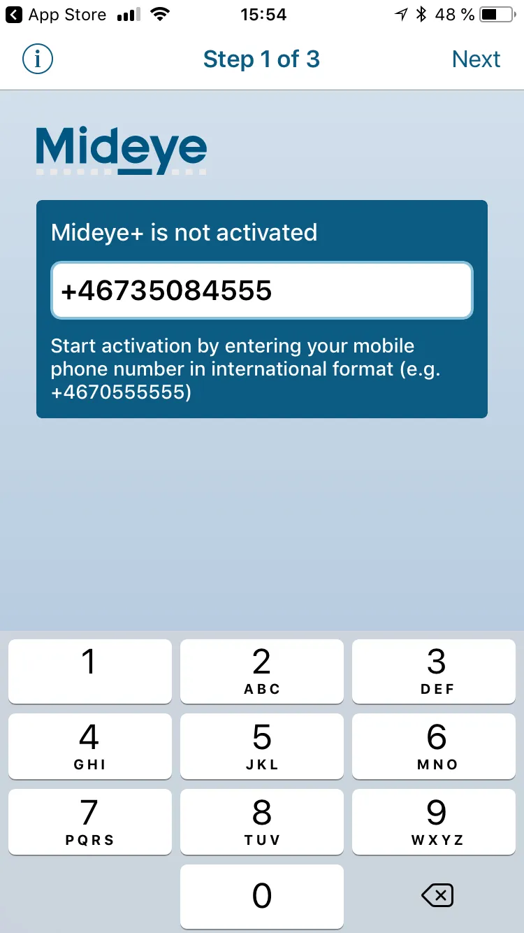 Mideye+ app iPhone screen prompting user to enter phone number in international format