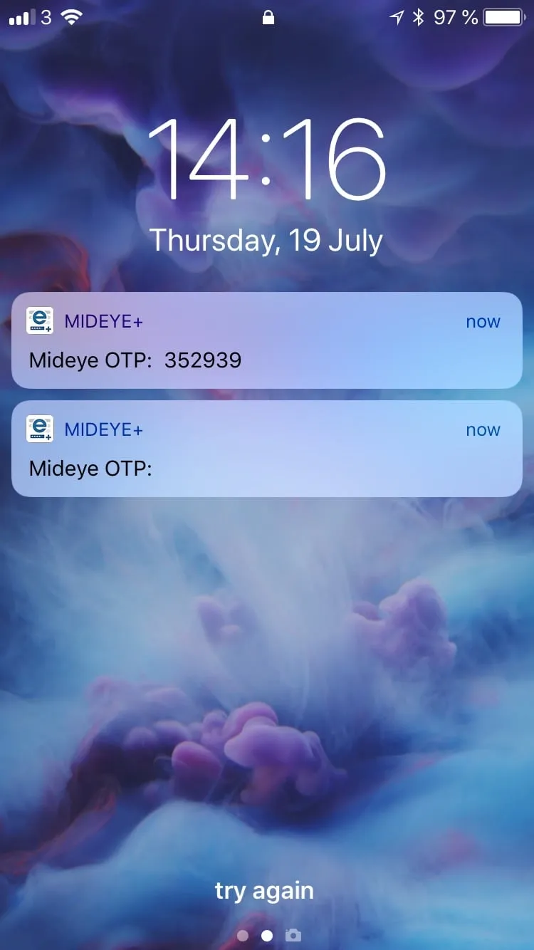 iPhone push notification showing Mideye OTP code for MFA authentication
