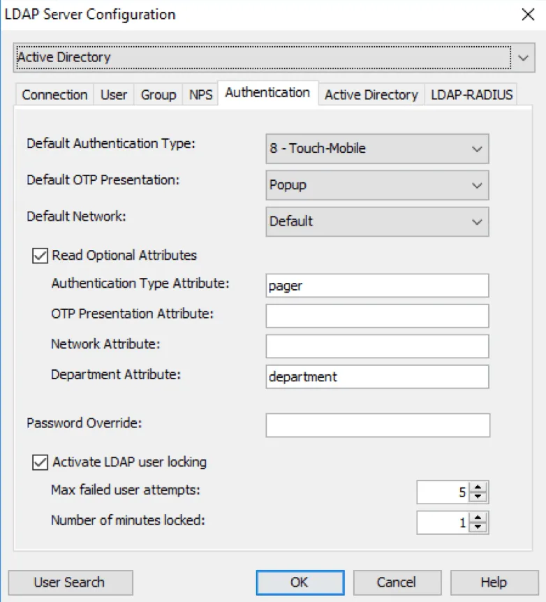 Mideye Configuration Tool LDAP authentication tab showing Touch Accept authentication type settings