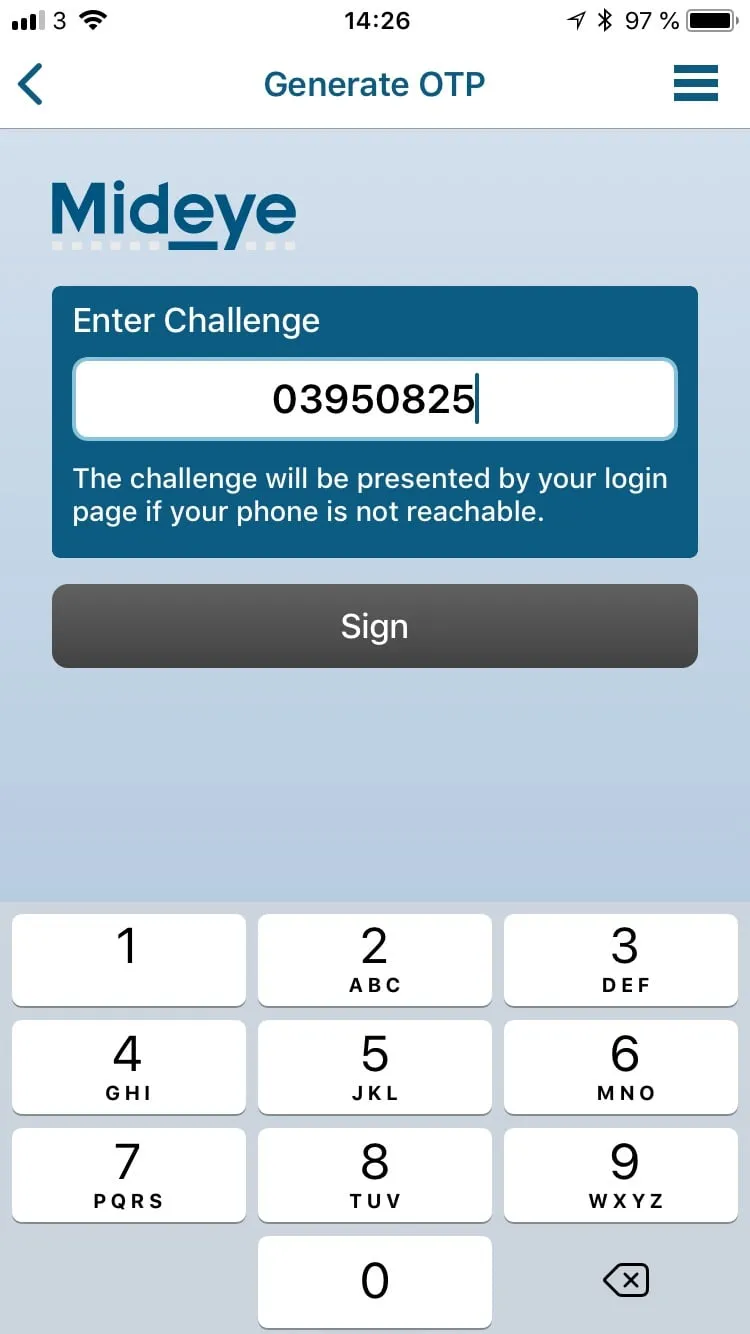 Mideye+ app manual signature screen for offline OTP generation