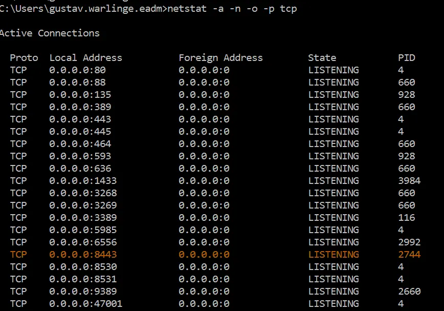Windows netstat command output showing Mideye Server TCP listening ports