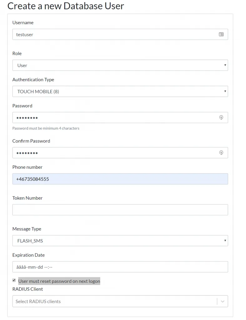 Mideye Server database user form showing Password must be changed on next logon checkbox option