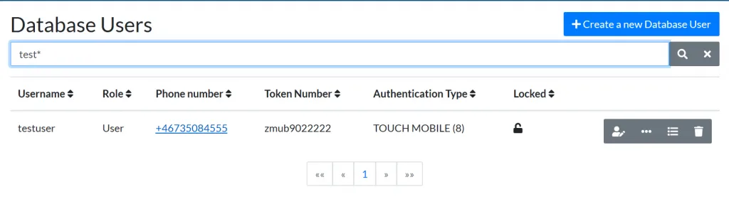 Mideye Server database user search results showing username, role, authentication type, and status