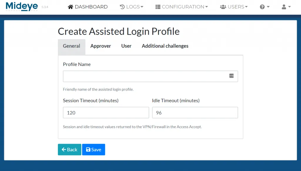 Mideye Server Assisted Login Profile general settings with session timeout and idle timeout configuration