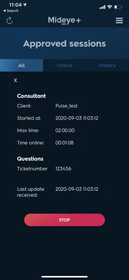 Mideye+ app session details with Stop button to terminate active VPN session