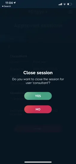 Mideye+ app confirmation dialog asking to confirm session termination