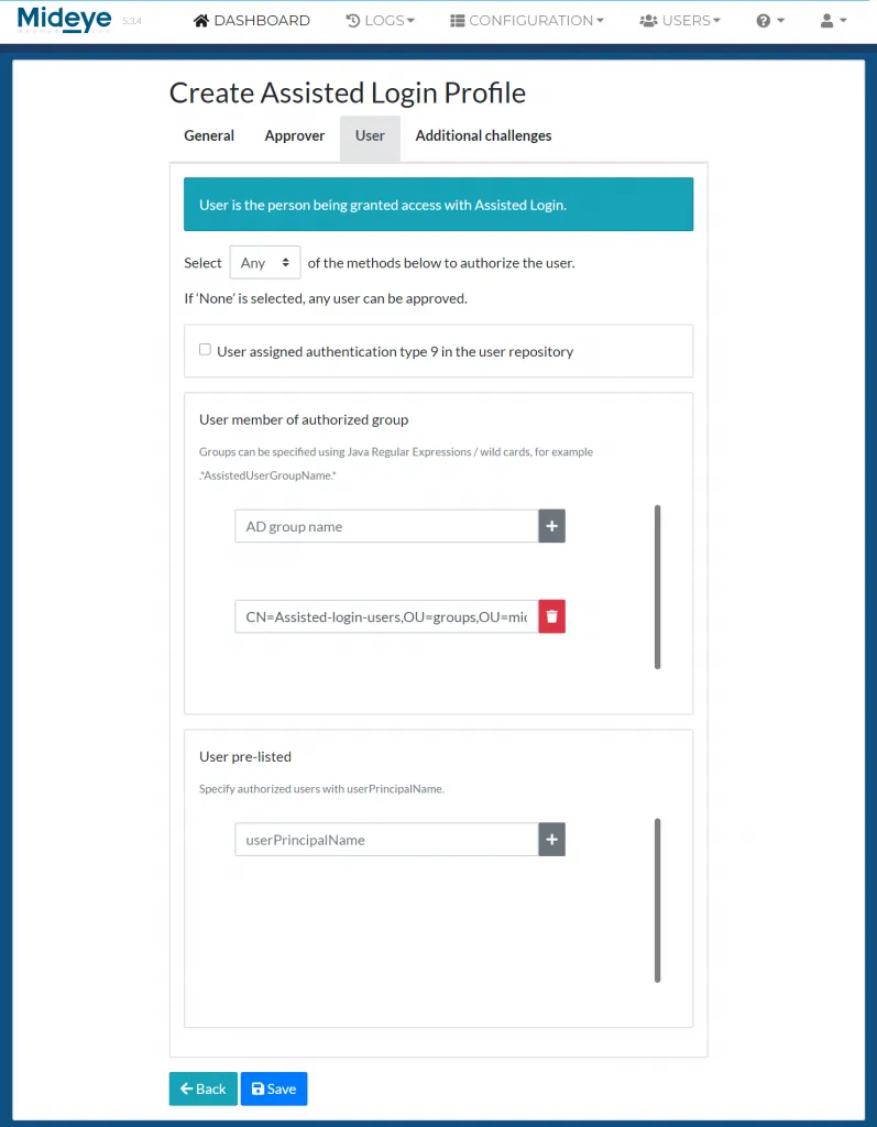 Mideye Server Assisted Login Profile user authorization settings with LDAP group membership rules
