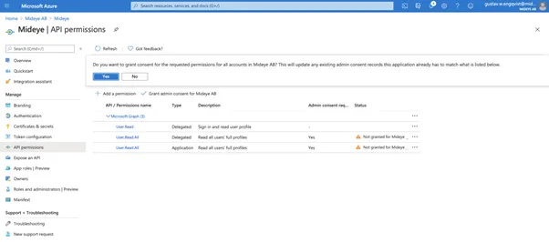 Microsoft Entra ID admin consent confirmation dialog