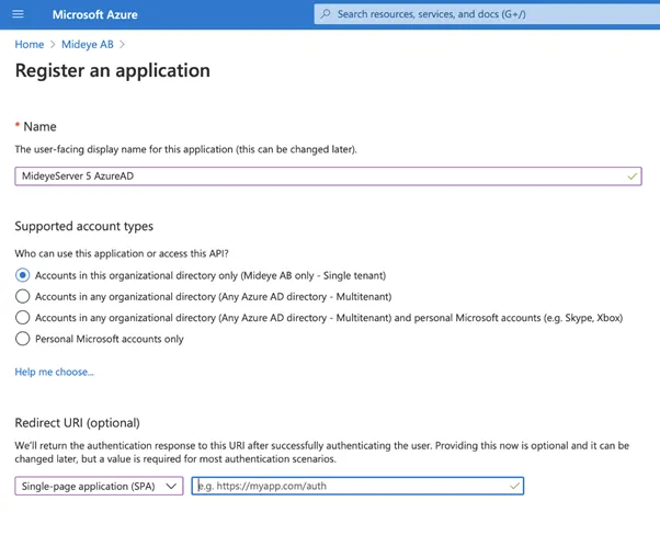 Microsoft Entra ID app registration form with name, supported account types, and redirect URI settings