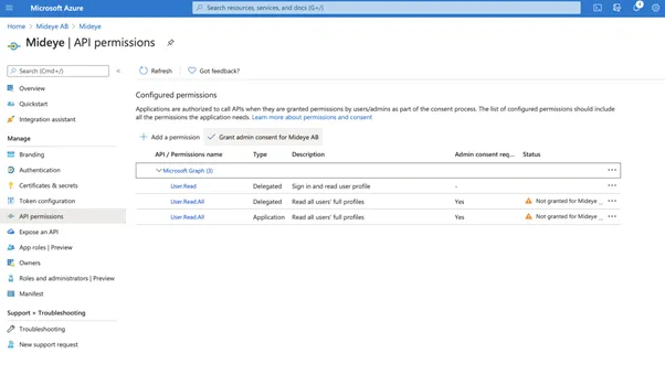 Microsoft Entra ID API permissions page showing Grant admin consent button