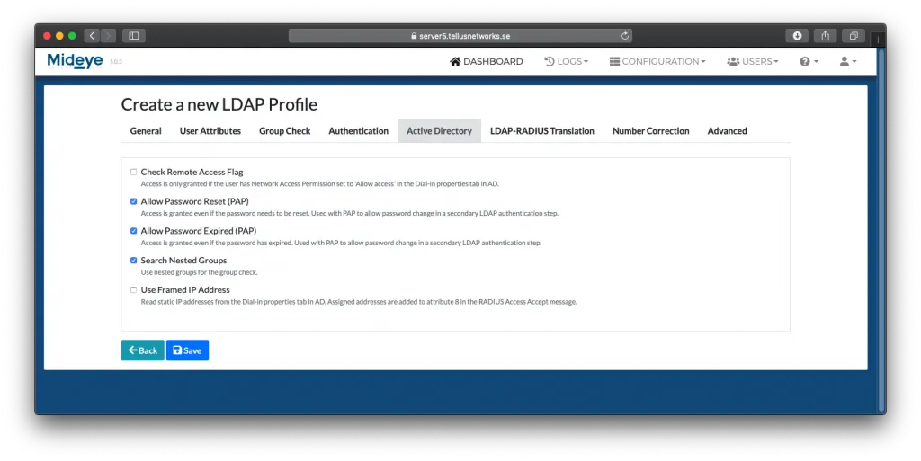 Mideye Server LDAP Profile Active Directory options for dial-in, password reset, nested groups, and framed IP