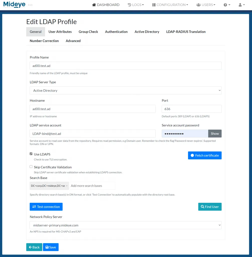 Mideye Server LDAP Profile general configuration with hostname, port, service account, and search base settings