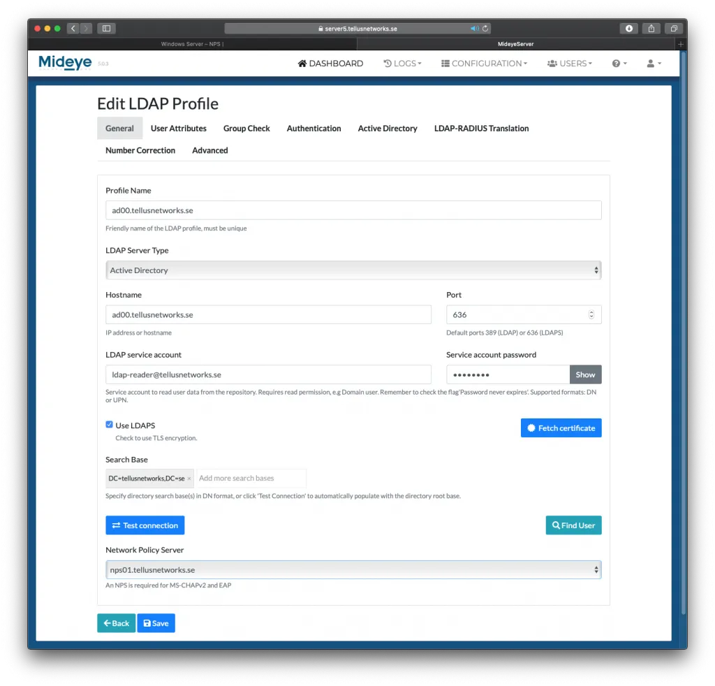 Mideye Server LDAP Profile general tab with Network Policy Server dropdown selection