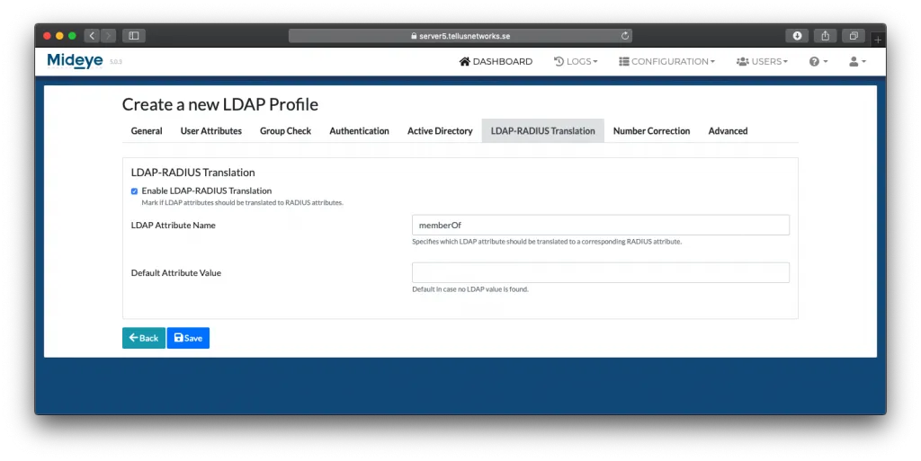 Mideye Server LDAP Profile LDAP-RADIUS Translation checkbox to enable attribute mapping