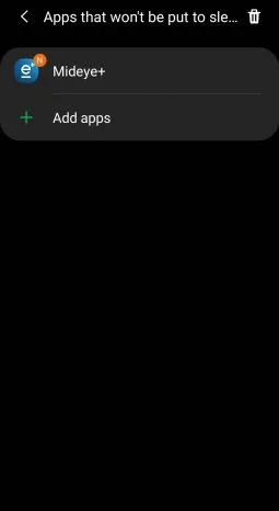Samsung Android battery settings showing Mideye+ added to unmonitored apps list