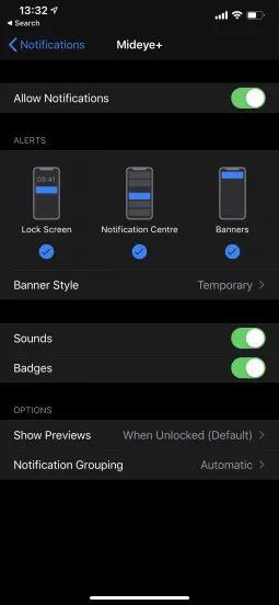 iPhone Settings showing Mideye+ notification settings with Allow Notifications toggle enabled