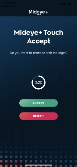 Mideye+ iPhone app Touch Accept prompt with Accept and Deny buttons for login approval