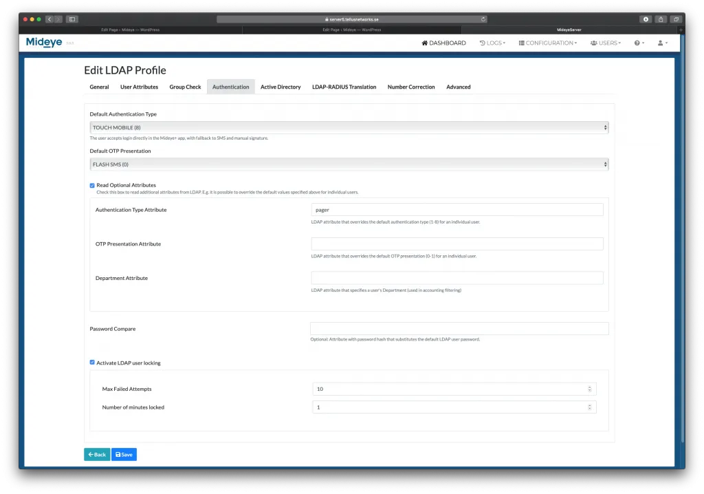 Mideye Server LDAP Profile Authentication tab showing Touch Accept authentication type selection