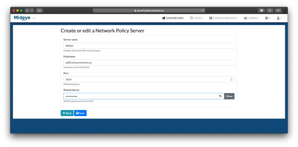 Mideye Server Network Policy Server configuration with server name, hostname, port, and shared secret