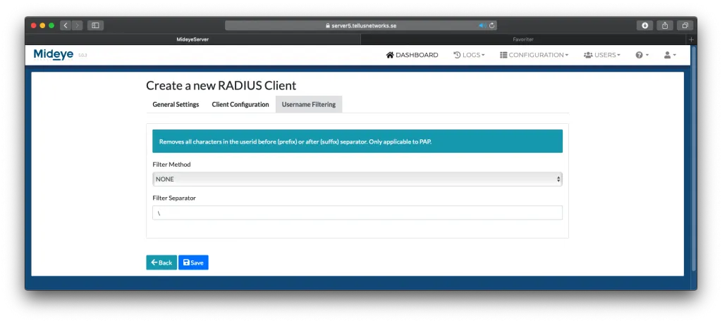 Mideye Server RADIUS client username filtering options with filter method and separator settings