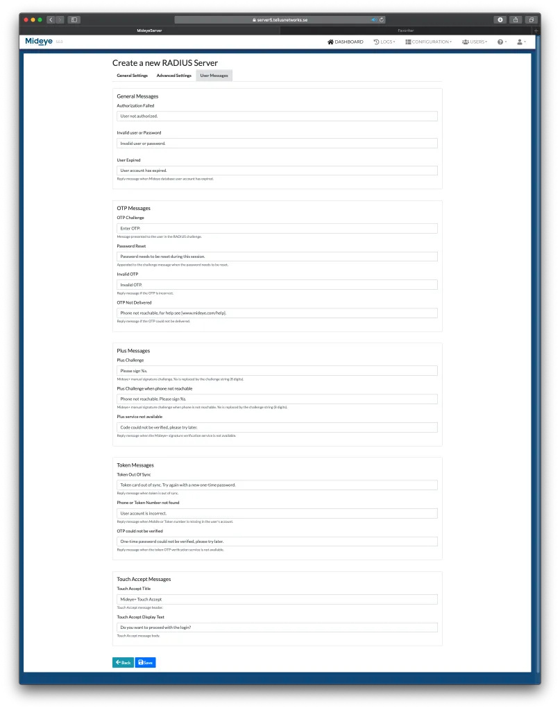 Mideye Server RADIUS server user messages configuration showing customizable authentication prompts and responses