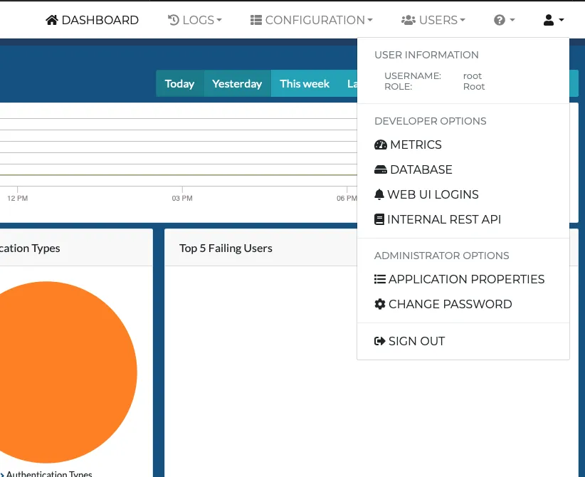 Mideye Server web GUI top right menu showing Internal REST API link for root user