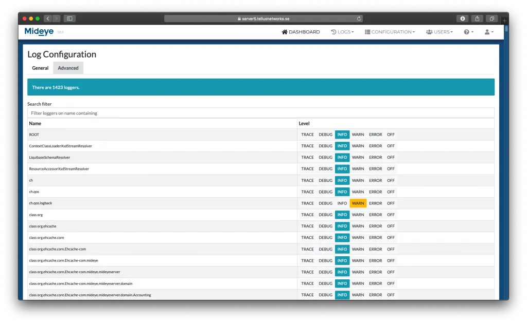 Mideye Server advanced log configuration showing individual logger settings for each component