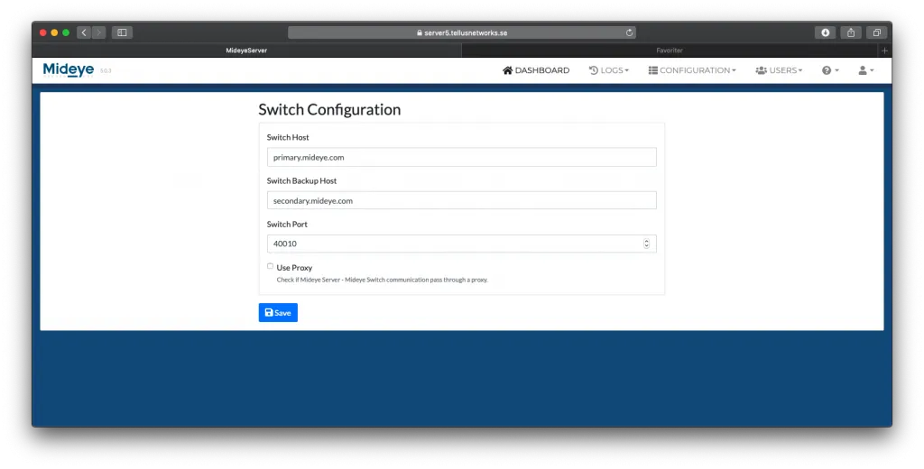 Mideye Server Switch Configuration showing primary and secondary host settings with customer-specific TCP port