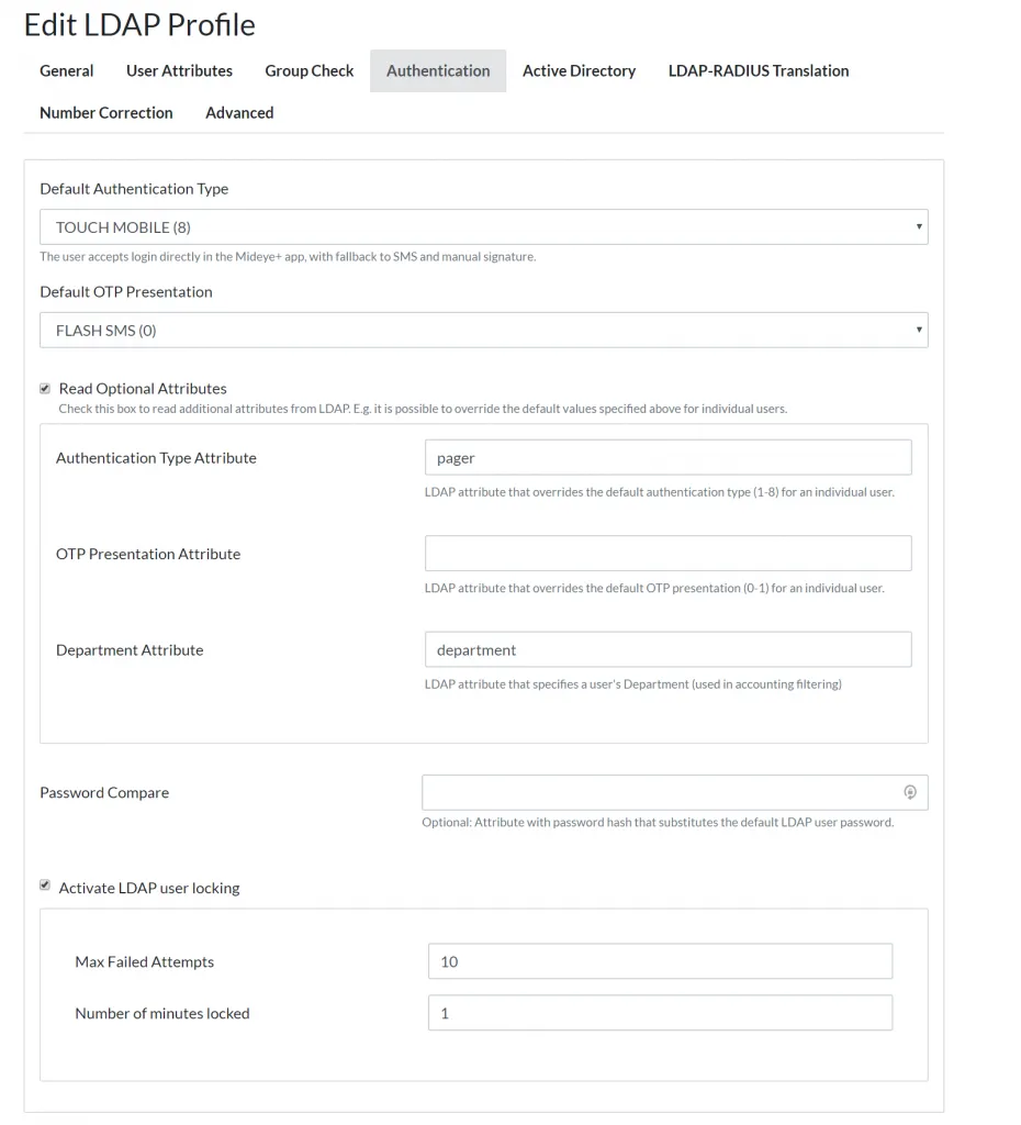 Mideye Server LDAP Profile Authentication tab showing token serial number attribute configuration