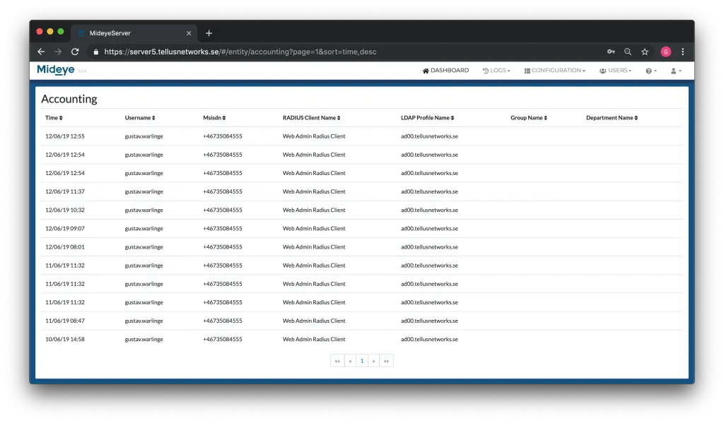Mideye Server accounting page showing successful logins with timestamps and CSV export option