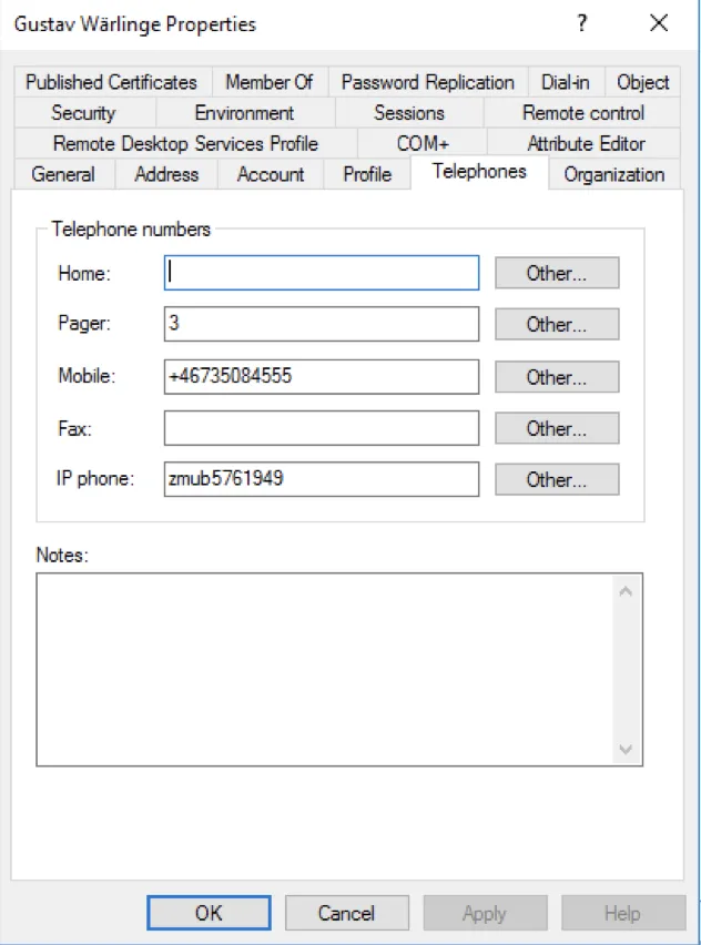 Active Directory user Telephones tab with commercial YubiKey serial number (zmub prefix) in IP Phone field
