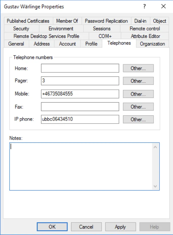 Active Directory user Telephones tab showing pager field set to 3 for token authentication