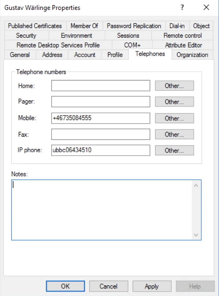 Active Directory user properties Telephones tab with YubiKey serial number in IP Phone field