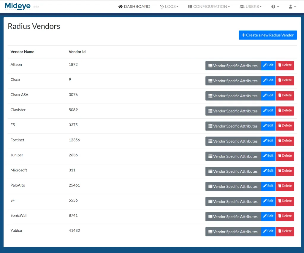 Mideye Server Vendor Specific Attributes configuration showing custom VSA creation with vendor ID and attribute type