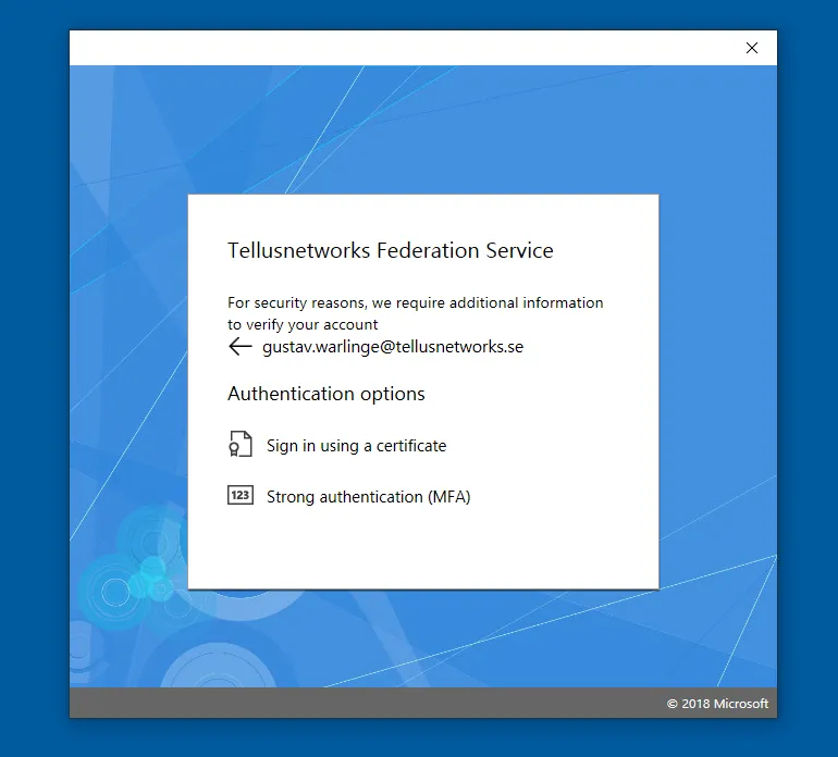 Authentication method selection — user chooses Strong authentication (Mideye MFA)